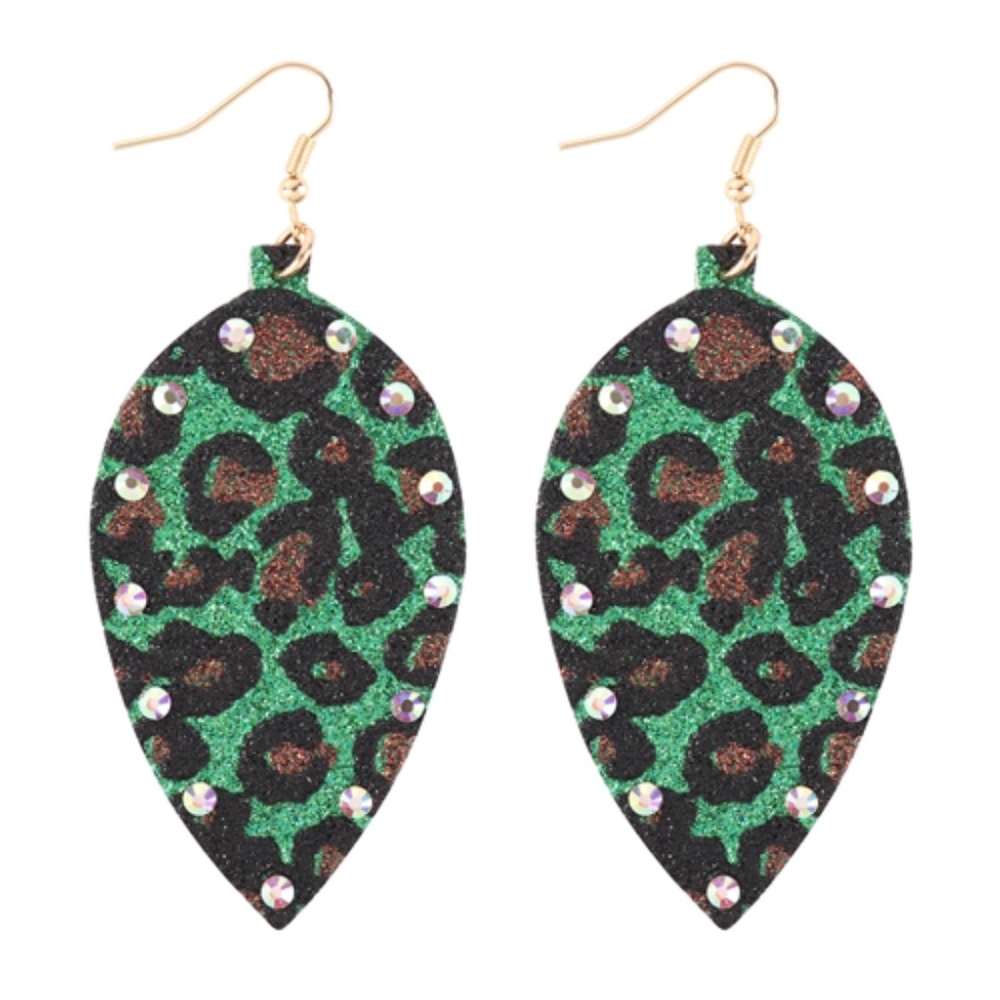 LEAF SHAPE LEATHER LEOPARD PRINT W/ RHINESTONE DROP EARRINGS